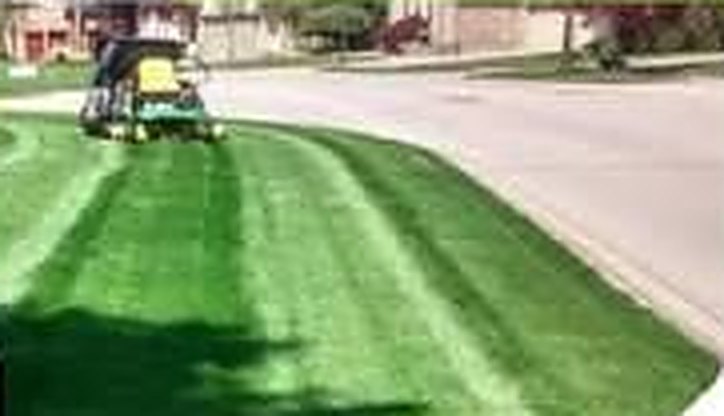 Wrobel Landscaping ride-on mower leaving crisp stripes on a London-area lawn
